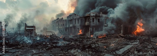 Smoke rise from burning bombed destroyed buildings photo