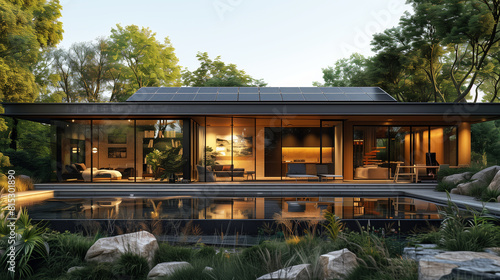 This modern home features extensive solar panels and a smart home architecture with an energy system, seamlessly integrated into a lush, dense forest.