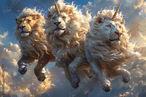 Managers Riding Unicorns: Lion Leaders in White Shirts - A Vivid Digital Bouguereau Tribute photo