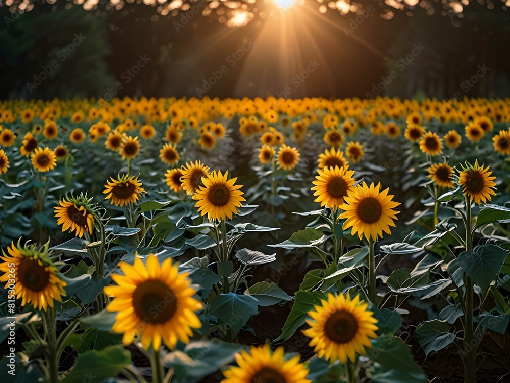 sunflower garden and sunset over the field sunflower garden and sunset over the field