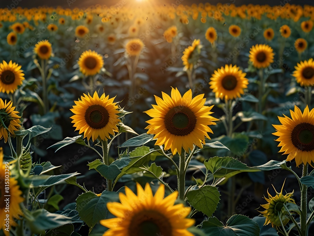 Fototapeta premium sunflower garden and sunset over the field