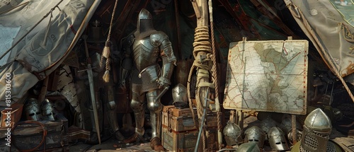 Create a wallpaper of a medieval battle command tent with maps and armor, using rustic colors and textures photo