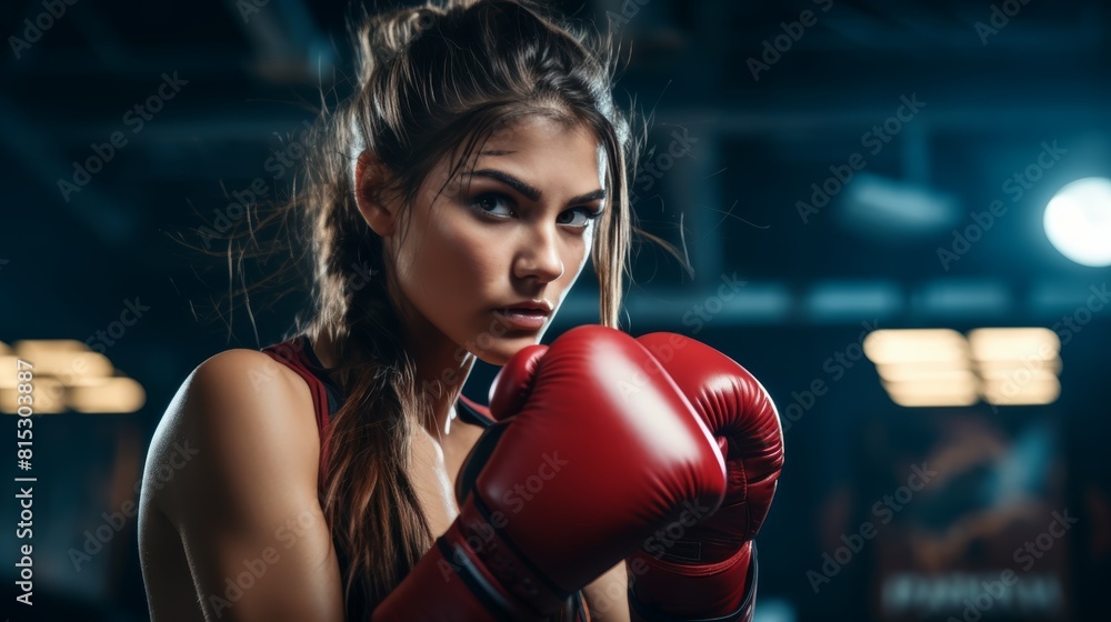 A young female boxer with her guard up, ready to fight. She is wearing red boxing gloves.