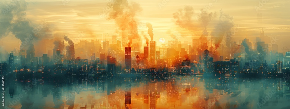 A city skyline with a sunset in the background and smoke in the air