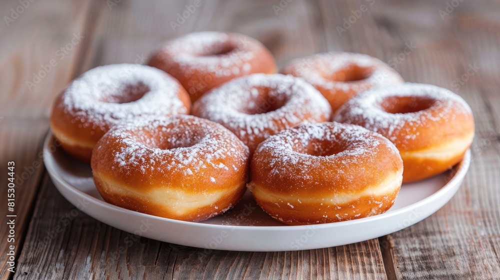 Delicious fresh fried donuts dusted with powdered sugar presented on a white plate set against a rustic wooden background Delicious fresh fried donuts dusted with powdered sugar presented on a white plate set against a rustic wooden background