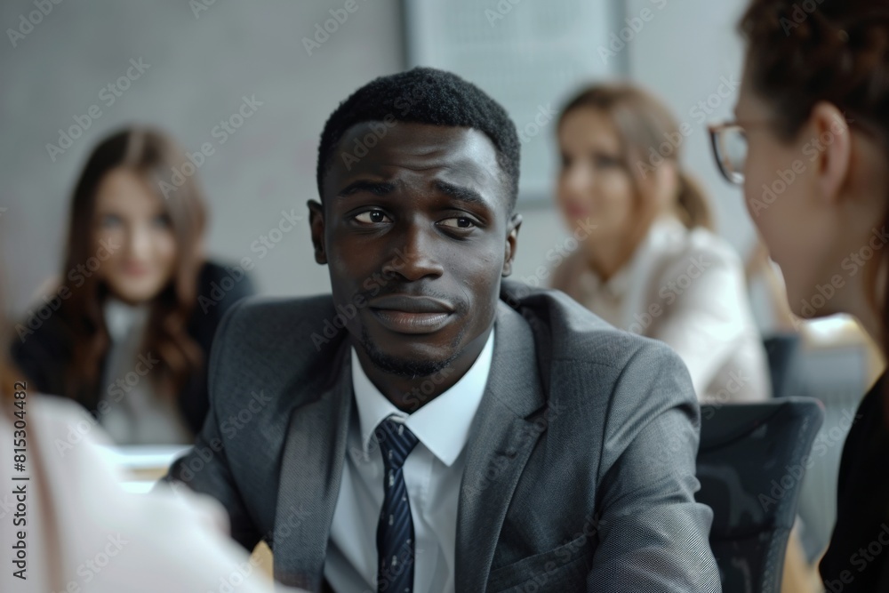 Serious african american businessman looking at camera during meeting with colleagues Serious african american businessman looking at camera during meeting with colleagues