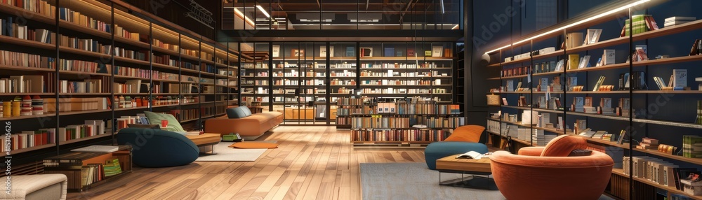 Modern bookstore with reading nooks Modern bookstore with reading nooks