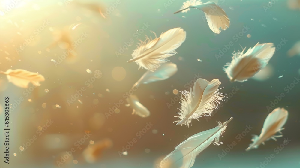 White feathers floating in the air on a blue background with a warm glow. White feathers floating in the air on a blue background with a warm glow.