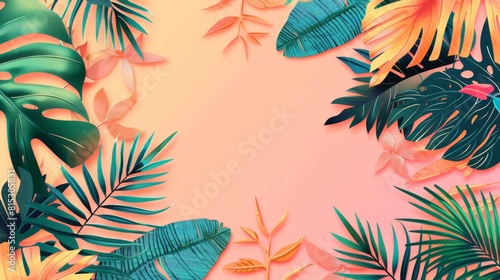 Fuse peach background with tropical leafs  summer vibe  hawaii vibe  colorful botanical background.