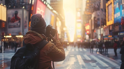Photographer capturing candid moments in the midst of a lively cityscape.