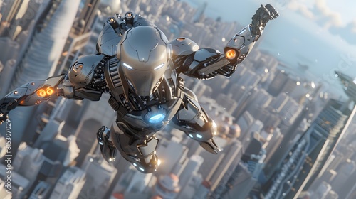 The robot or cyborg woman in the superhero iron suit is flying over a futuristic city. The character has a jetpack rocket engine and is riding a cyborg jetpack. The robot woman flies overhead photo