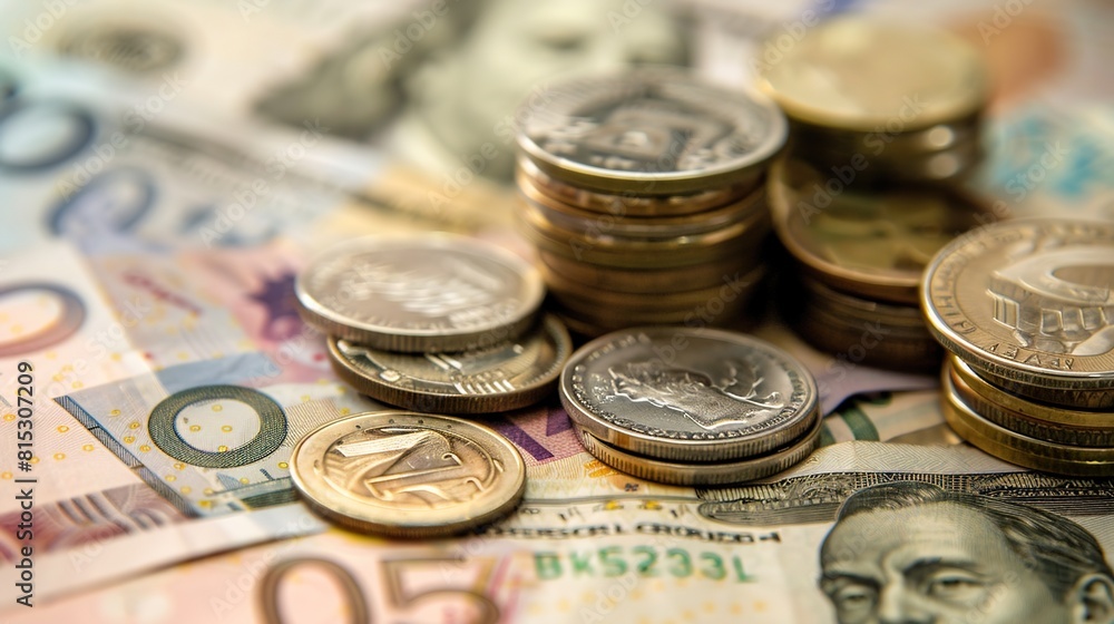 Stack of coins and banknotes symbolizing financial wealth and prosperity, representing the fundamentals of economic value. Stack of coins and banknotes symbolizing financial wealth and prosperity, representing the fundamentals of economic value.