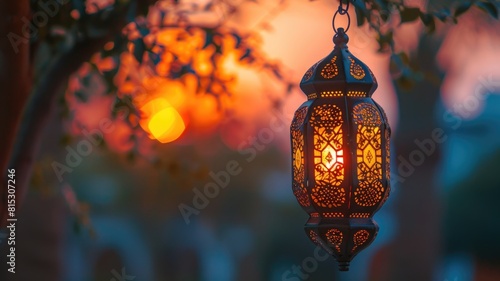Illuminated lantern hanging from tree branch at sunset