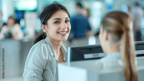 Bank teller assisting a customer with a transaction at the counter, providing personalized service with a smile. photo
