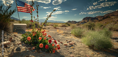 Rugged flowers and Memorial Day flag at a veteran's grave in the desert scene. photo