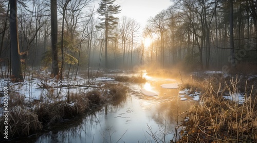 Beautiful river view in forest with sunrise and snow