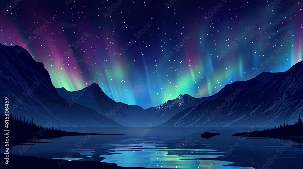 Black sky with northern lights flat design side view, aurora theme, water color, Complementary Color Scheme