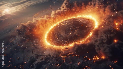 In this dynamic 3D illustration witness the impact of a meteor from outer space colliding with Earth giving rise to a dramatic ring of smoke and dust photo