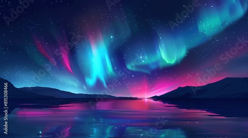 Black sky with northern lights flat design side view, aurora theme, water color, Complementary Color Scheme © Pniuntg