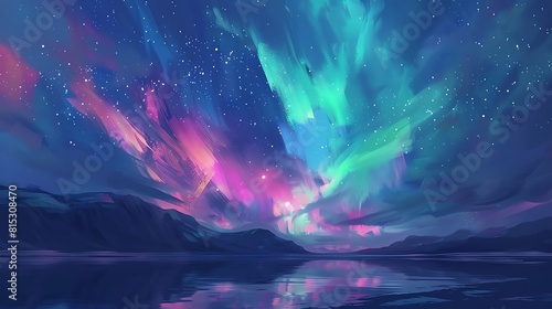 Black sky with northern lights flat design side view  aurora theme  water color  Complementary Color Scheme