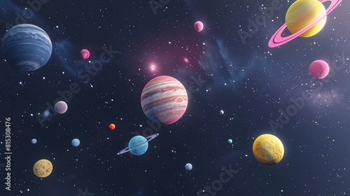 Black sky with planets flat design front view  astronomical theme  3D render  colored pastel