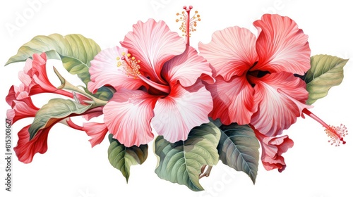 Wallpaper Mural Botanical watercolor illustration showcasing the intricate details of a hibiscus flower in shades of red and pink Torontodigital.ca