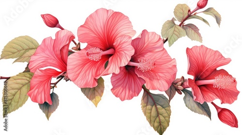 Botanical watercolor illustration showcasing the intricate details of a hibiscus flower in shades of red and pink