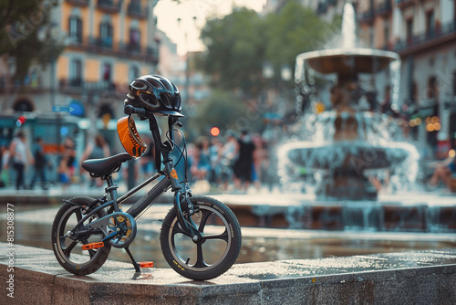 A baby bicycle with a helmet hanging from the handlebars, parked beside a bubbling fountain in a city square bustling with activity.