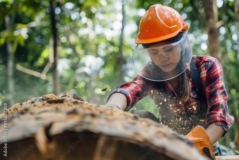 Young Asian woman in safety gear using a chainsaw to cut a log in a lush tropical forest, showcasing skilled manual labor Young Asian woman in safety gear using a chainsaw to cut a log in a lush tropical forest, showcasing skilled manual labor