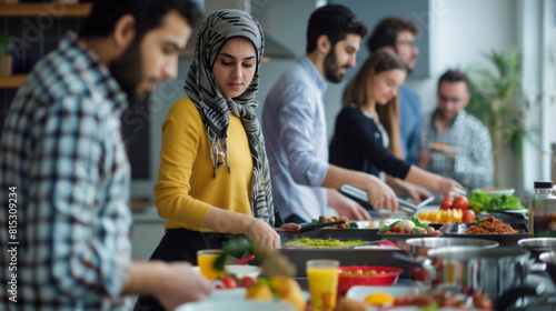 Middle Eastern woman in a yellow top and hijab slicing vegetables alongside diverse colleagues in a workplace kitchen, fostering teamwork and communal dining