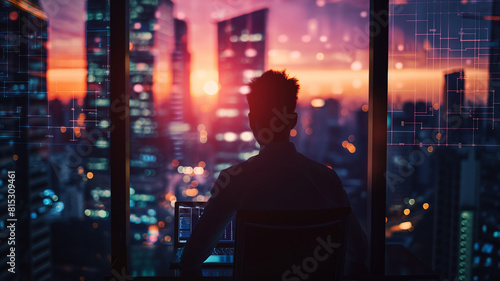A big city with sunset and light of hope with a man who working alone in building