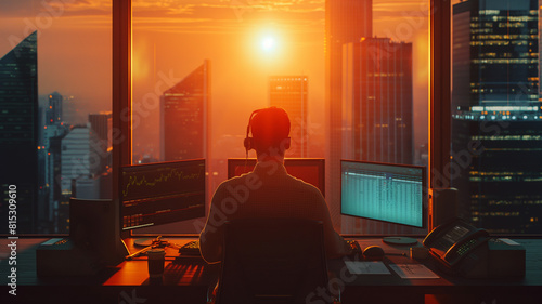 Man is working in office with sunset and relaxing from hardwork photo