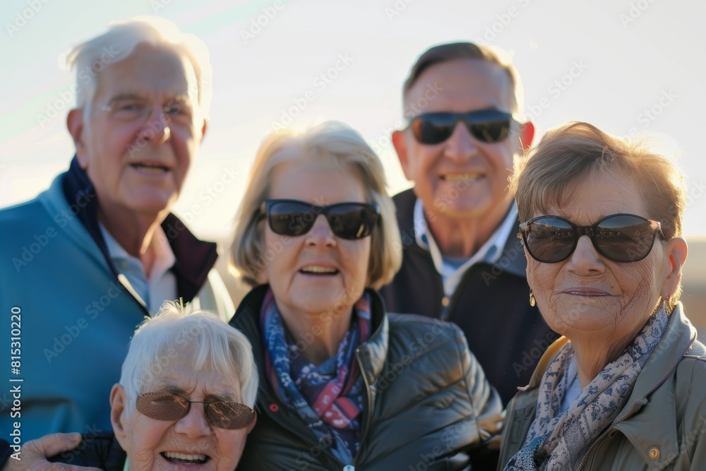 Group of elderly people in sunglasses having fun on the beach at sunset Group of elderly people in sunglasses having fun on the beach at sunset