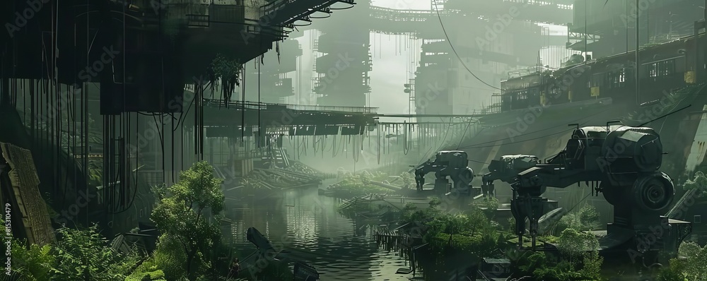 Obraz premium Craft a speculative fiction story set in a postapocalyptic world where remnants of civilization struggle to rebuild, scavenging abandoned car factories for spare parts to repair the robotic arms on th