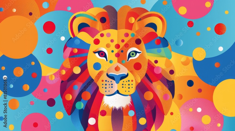 Naklejka premium A lively, colorful lion featuring polka dots texture set against a vibrant, geometric background