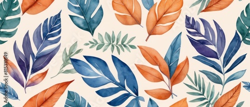 digital illustration of tropical leaves background in vibrant orange and muted blue