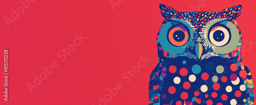 A vibrant, cartoonish owl with polka dots texture, set against a bold red backdrop in a playful geometric style, copy space, banner, educationd and back to school mood photo