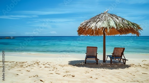 Two empty seats under a palm leaf parasol stand on a sandy beach against the background of beautiful blue sea.