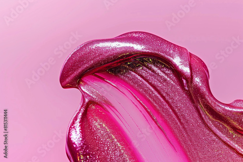 Against a solid pink background, a macro image of a liquid lipstick swirling in slow motion, capturing the intricate details of its metallic sheen and vibrant color.