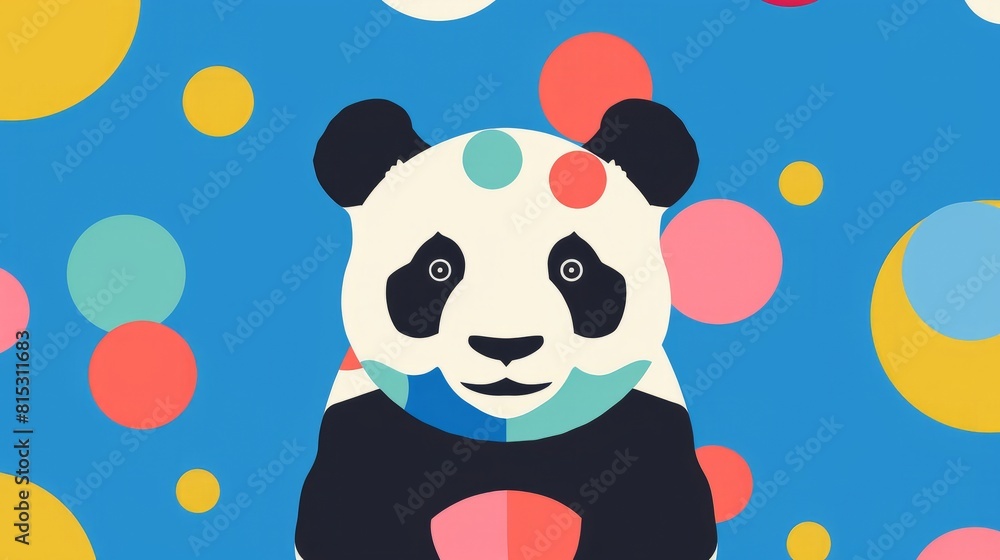 Obraz premium Cartoon illustration of a panda bear covered in colorful dots, set against a blue background with playful geometric shapes