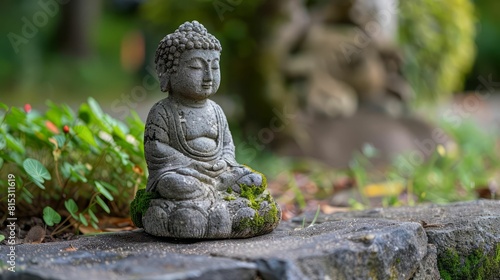 Small stone Buddha statue in a garden