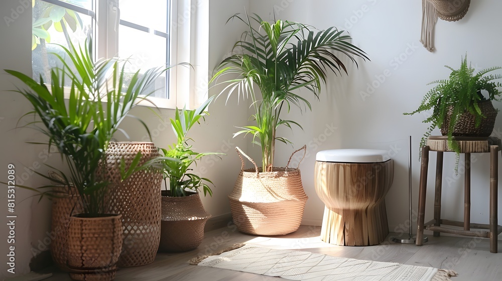 Various attractive indoor plants and a wooden toilet situated next to a white wall inside a room. It adds aesthetic appeal to the house decor.