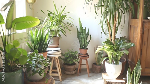 Various attractive indoor plants and a wooden toilet situated next to a white wall inside a room. It adds aesthetic appeal to the house decor.