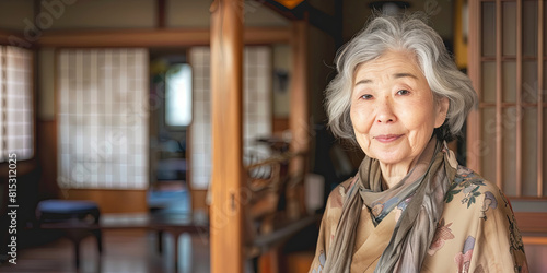 a beautiful senior Japanese woman with silver hair  wearing an elegant blouse and scarf in earthy tones  generative AI