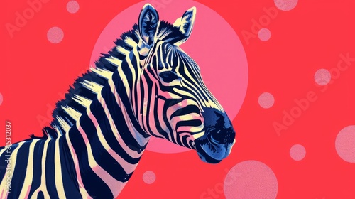 A zebra with polka dots texture is standing in front of a vibrant red background in a colorful cartoon illustration  copy space
