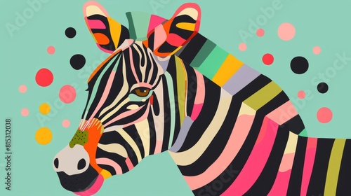 A vibrant cartoon illustration of a zebra with colorful polka dots texture on a turquoise background  featuring playful geometric shapes