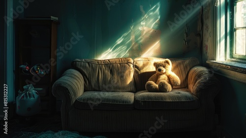 A captivating photo captures the poignant scene of a Teddy bear resting on a sofa in a dimly lit room illuminated by sunlight streaming through a window This evocative image conveys the soli photo