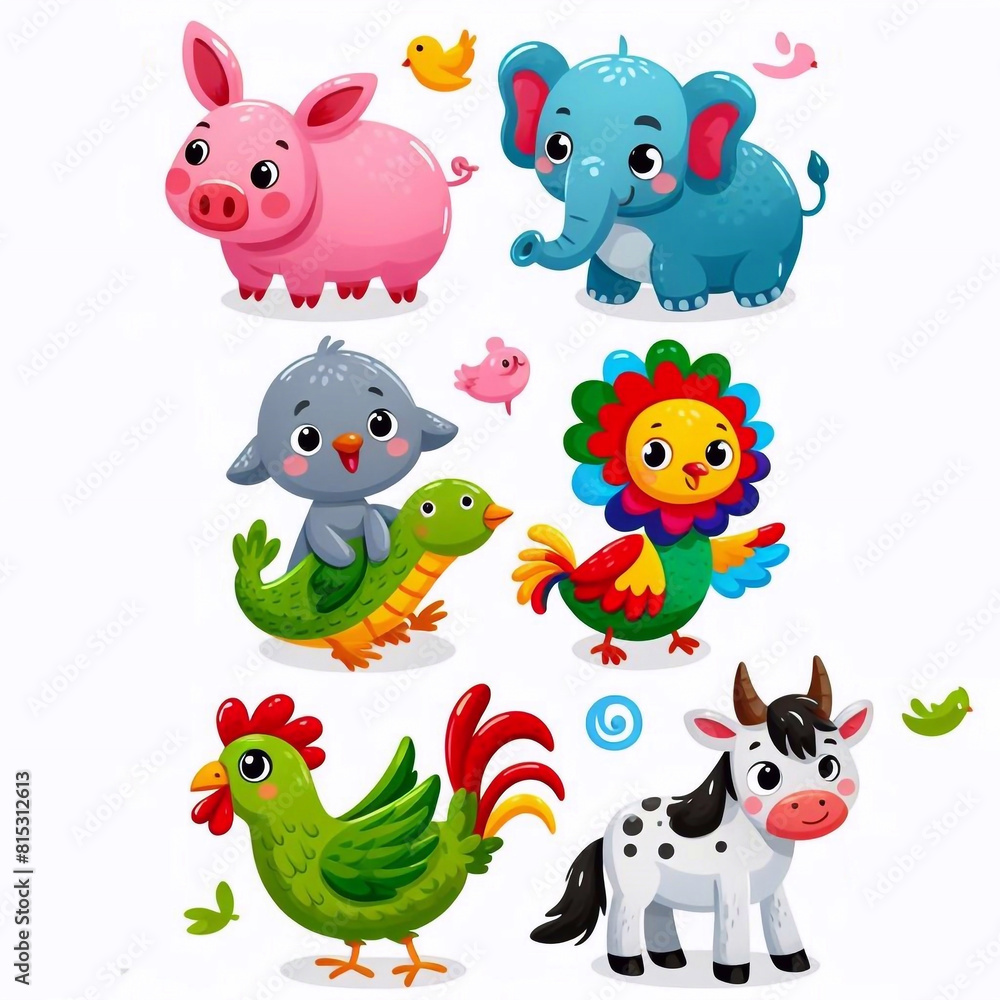 Naklejka premium This image features various adorable cartoon animals, including a pig, elephant, bird, turtle, colorful parrot, chicken, and calf. Each character has a cheerful, friendly face, with small birds adding