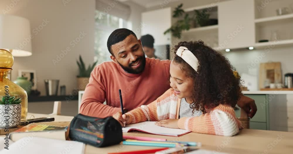 Dad, girl and smile with writing for homework with book to study or read for knowledge, education and learning. Parent, kid and school project with support, care and help for child development Dad, girl and smile with writing for homework with book to study or read for knowledge, education and learning. Parent, kid and school project with support, care and help for child development