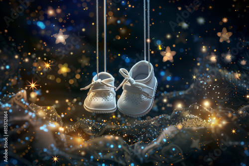 Baby shoes suspended mid-air by invisible strings, surrounded by shimmering holographic stars in a dark, cosmic background.